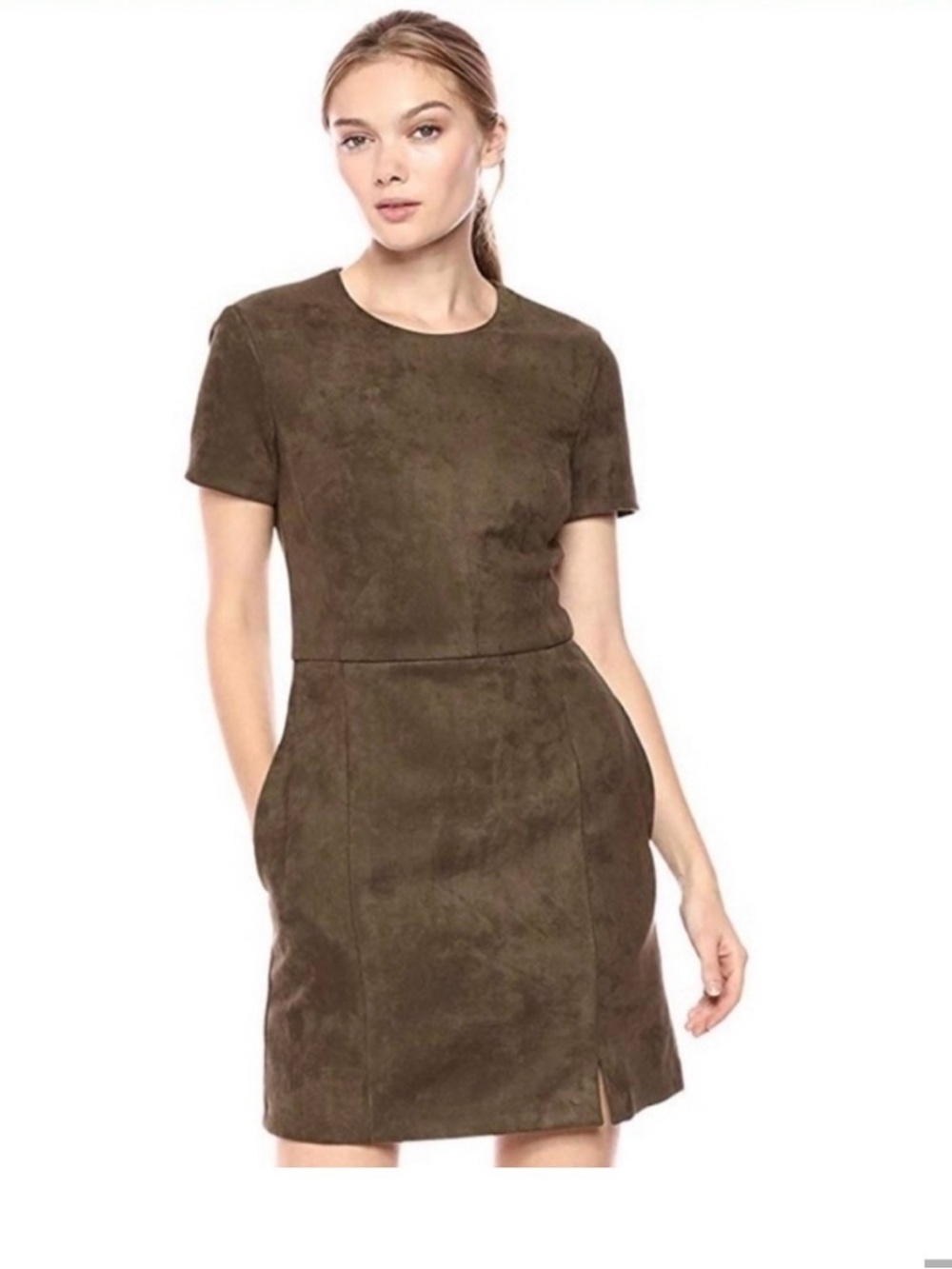 French Connection Faux Suede Short Sleeve Olive Green Sheath Dress
